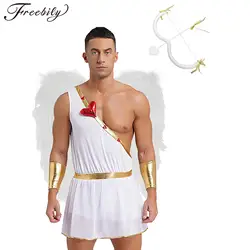 Men Halloween Valentine Cupid God of Love Cosplay Costume One Shoulder Heart Bodysuit Dress with Cuffs Angel Wings Bow Arrow