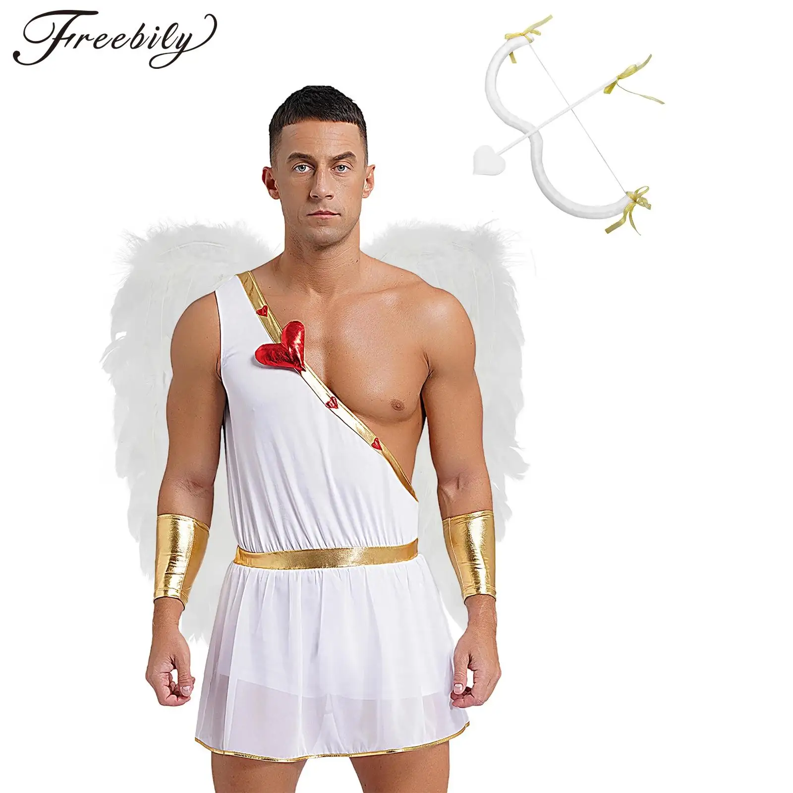 Men Valentine Cupid God of Love Cosplay Costume Heart-shaped One Shoulder Bodysuit Dress with Cuffs Angel Wings Bow Arrow Set