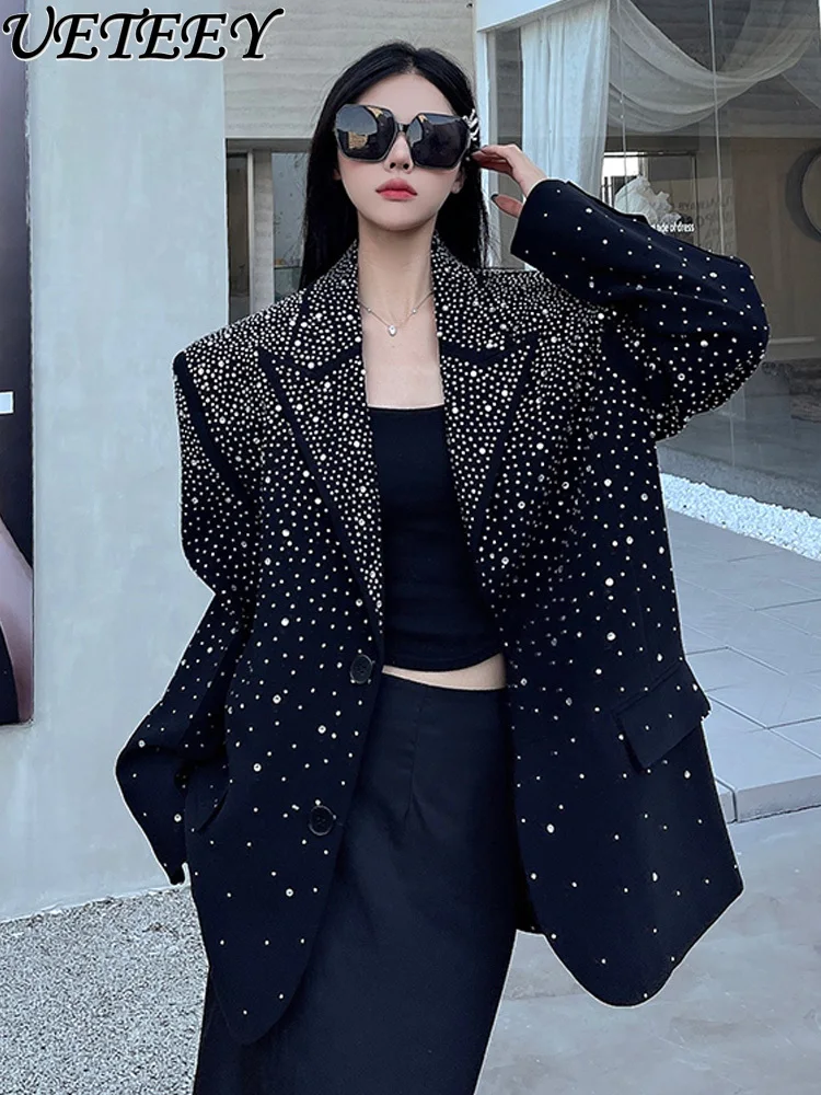 

Heavy Rhinestone Embellished Mid-Length Women's Blazer Coat for Spring and Autumn New Fashionable Loose Black Suit Jacket