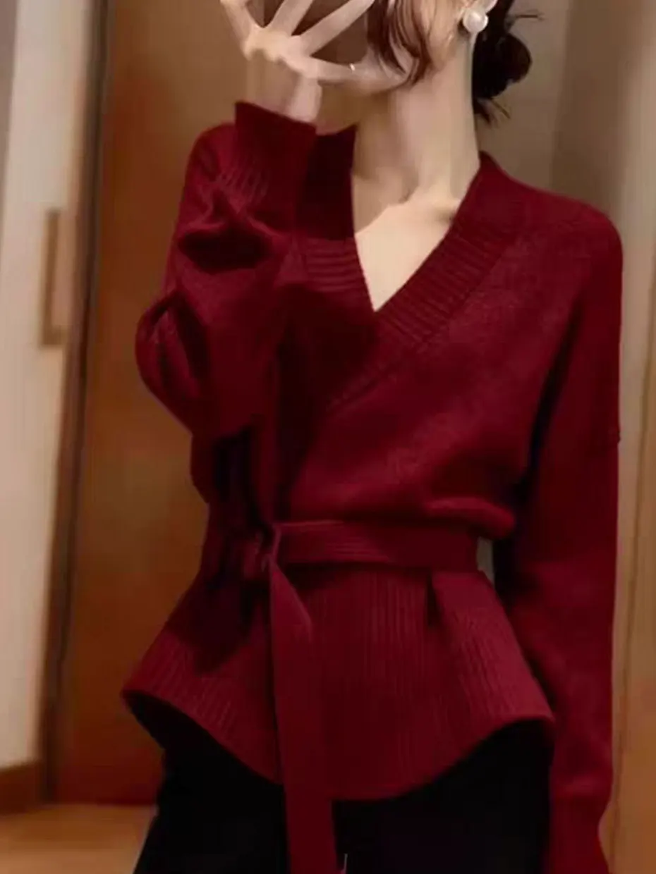 

Loose Korean Style Women's Long Sleeve V-Neck Knitwear Grey Casual Loose Waist-Cinching Sweater Inner Wear Top for Autumn Winter
