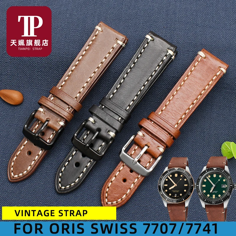 Italian cowhide watch strap for Oris Swiss 7707 Diving 65 Years Replica Bronze Watch Aviation series 7741 watchband bracelet