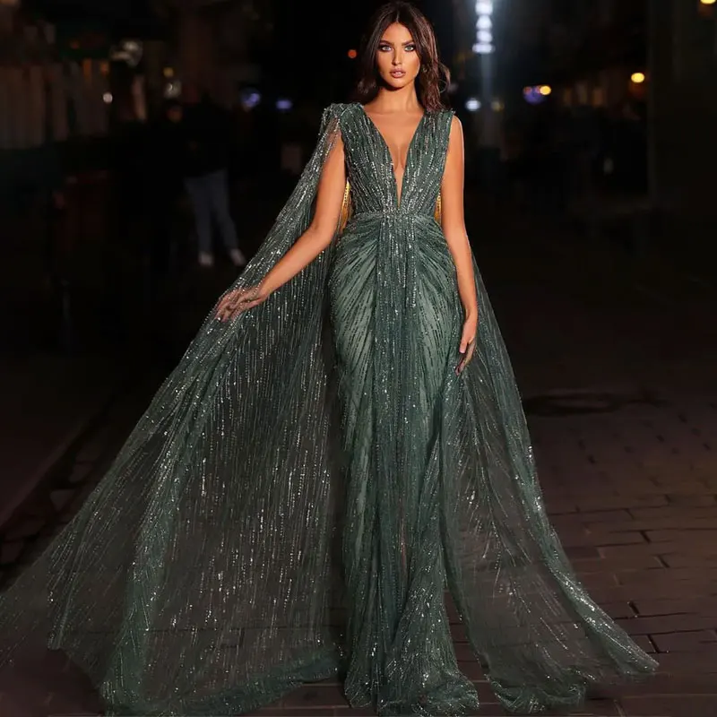 

Sparkly Mermaid Evening Dress Sleeveless V Neck Capes eaded Appliques Sequins Lace Floor Length Dark Green Prom Dress Party Gown