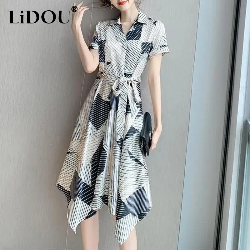 

Summer Turn-down Collar Printing Patchwork Elegant Dress Women Fashion Waist Retraction Lacing Asymmetrical Hemline Midi Dress