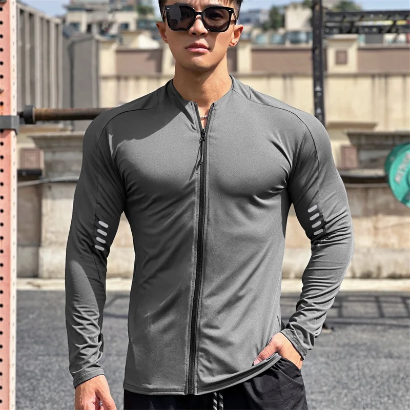 Veste de fitness à manches longues pour hommes, sweat-shirt d\'entraînement de gym, manteau de jogging masculin, cardigan à fermeture éclair, veste