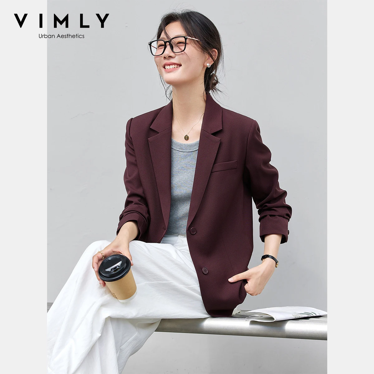 VIMLY المرأة سترة أنيقة حمراء معطف الخريف 2025 عادية محززة الرقبة السيدات السترة امرأة مكتب ارتداء جيب السترة فام A2360