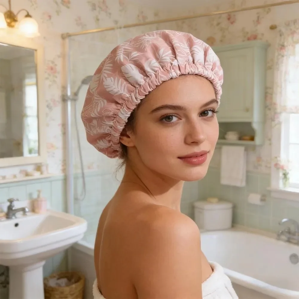 New Waterproof Shower Cap Double Layer Reusable Bath Cap Flower Printed Soft Elastic Band Bathing Hair Cover Salon Use
