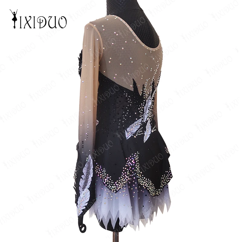 Adult Kids Figure Skating Costume Ice Figure Skating Dress Rhinestone Crystal Long Sleeve Mesh Spandex Stretchy Performance Wear