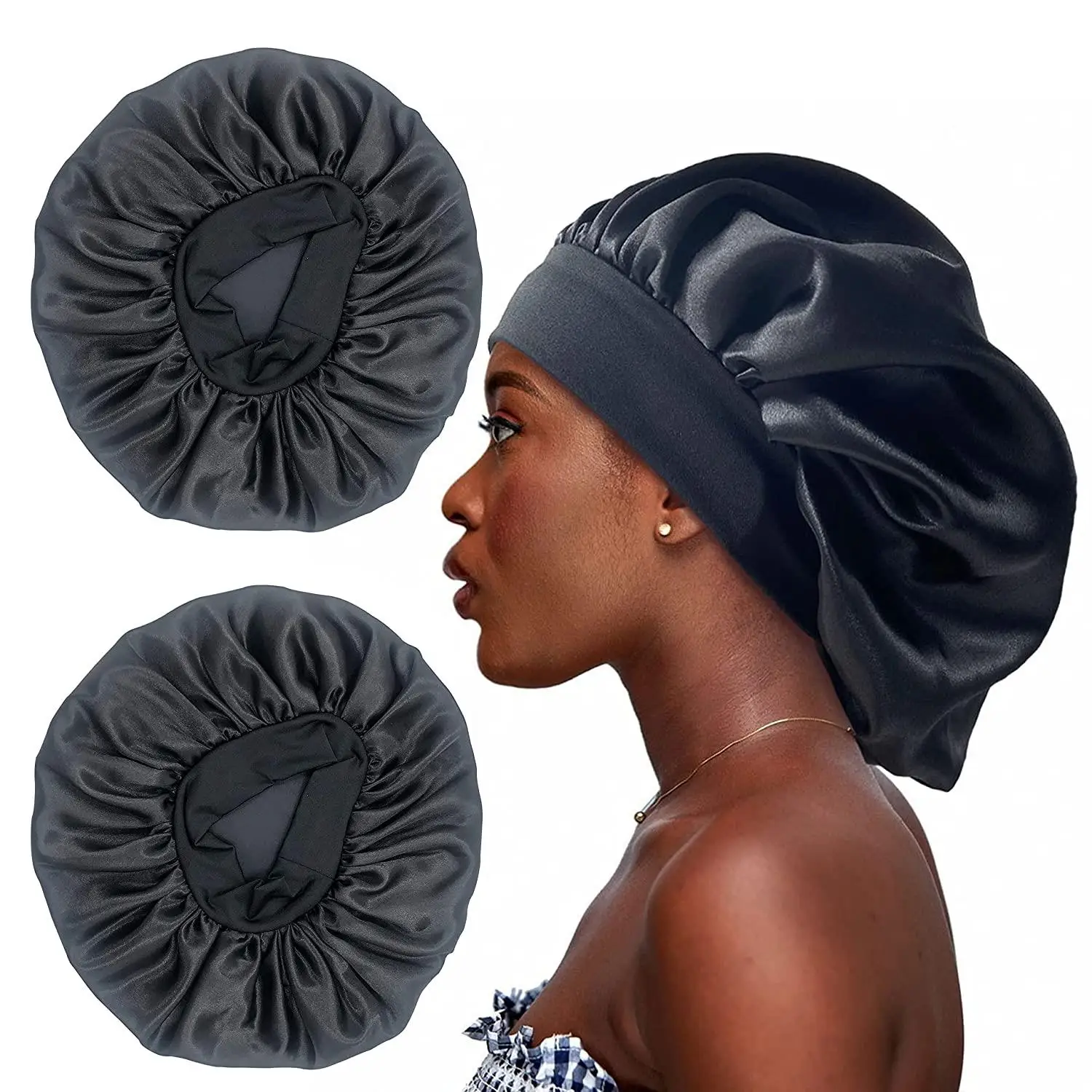 Gorro de satén grande para dormir, gorro de seda para el cabello, 6 unids/lote, con banda elástica suave, gorros grandes para el cuidado del cabello