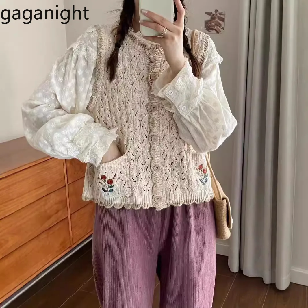 Gaganight Women Forest Style Artistic Hollow Lace Embroidery Knitted Vest 2024 Women's Autumn Sleeveless Coat Camshoulder Top