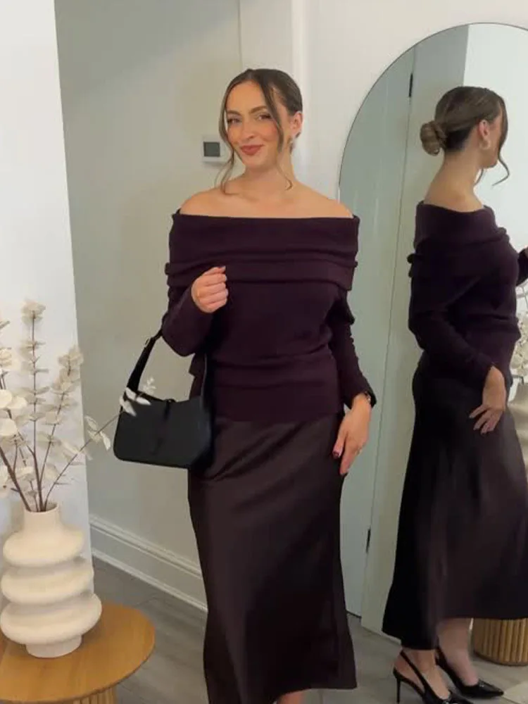 HH Woman Winter Fashion Versatile Long Sleeves Off The Shoulders Elegant Knitted Pullover Female Casual Keep Warm Knitted Tops