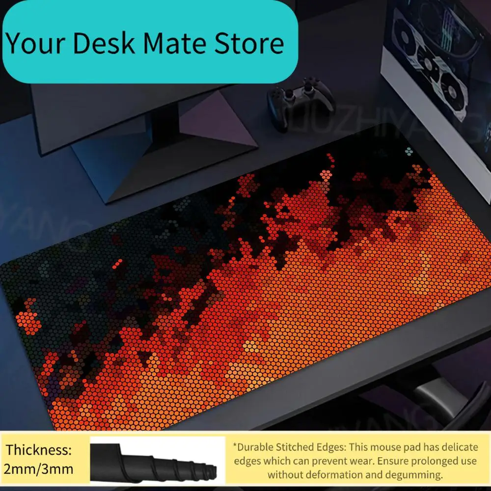 

Orange Hexagon Pixel Desk Mat Non-Slip Rubber Base Washable Cloth Surface Large Mouse Pad with Tech Print