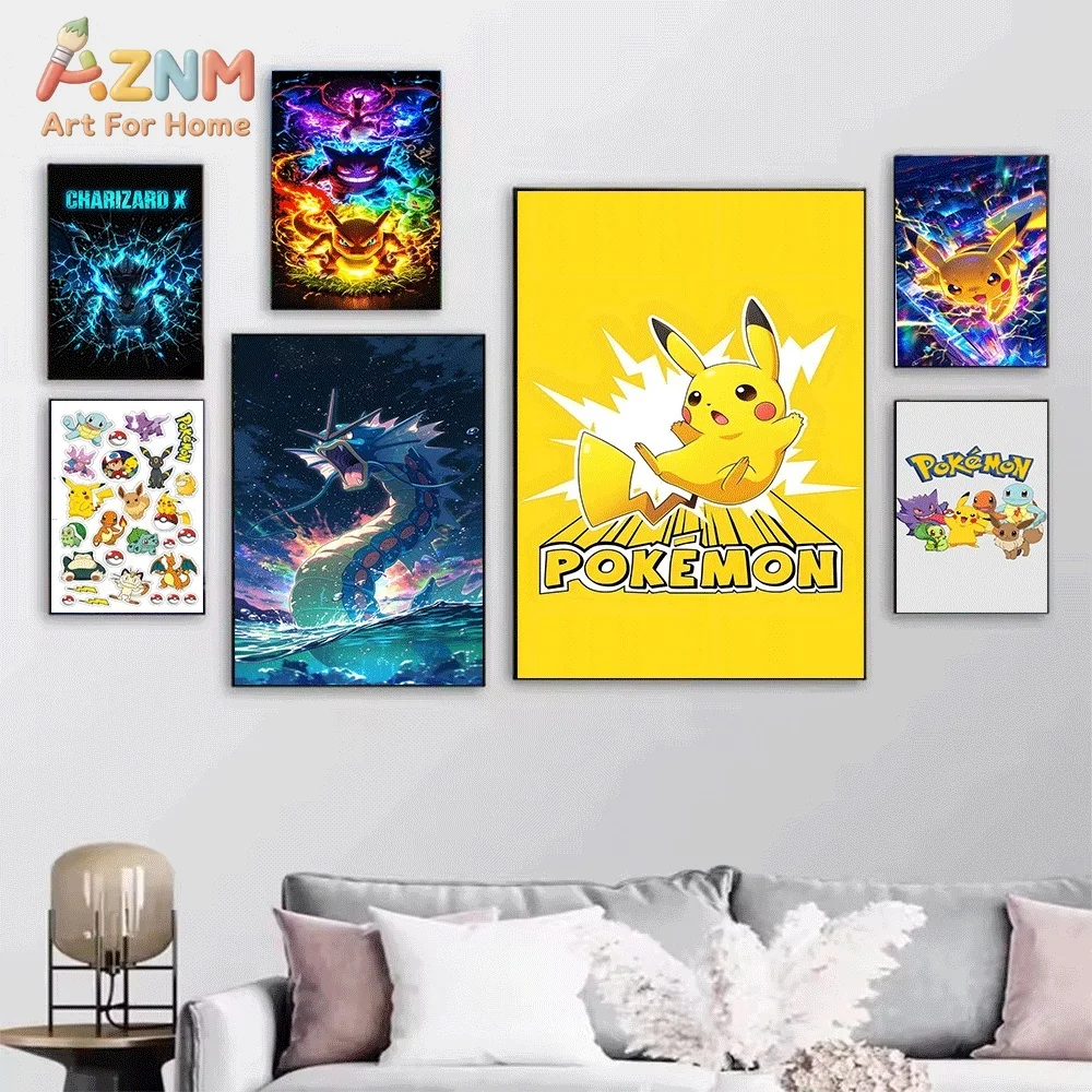 Anime Pokemon Kanto Starters Canvas Wall Art, Pop‑Style Pocket Monster Cartoon Frameless Canvas Painting for Kids Bedroom Livi