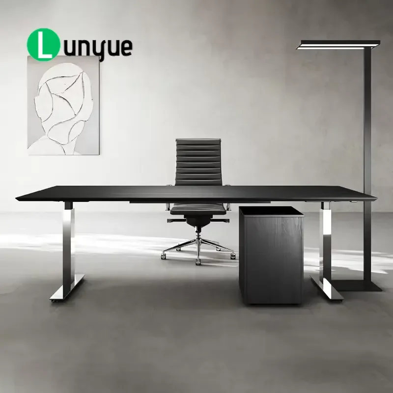 Electric Height Adjustable Standing Desk Modern Executive Office Furniture Matte Black Desktop with Chrome Legs Ergonomic