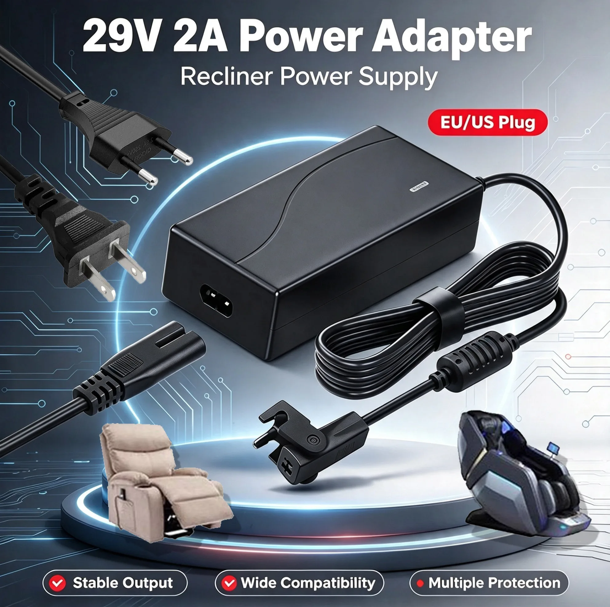 EU US Universal 29V 2A DC Power Adapter Electric Recliner Sofa Chair Adapter TransformerPower Supply with Overload Protection