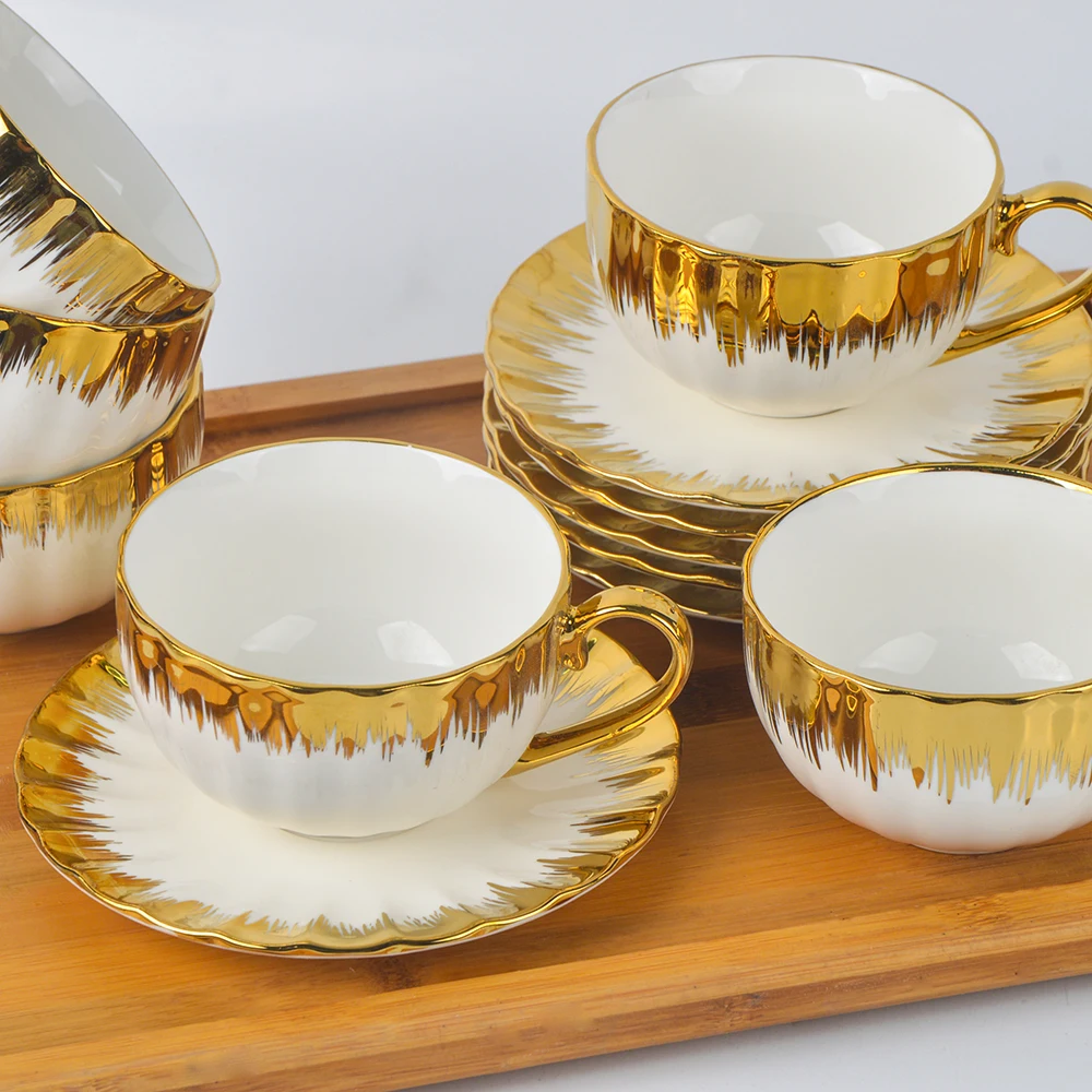 

Tea Cups and Saucers, Set of 6 (7 oz) with Gold Trim and Gift Box, Cappuccino Cups, Coffee Cups Set, Porcelain Tea Set,Latte Cup