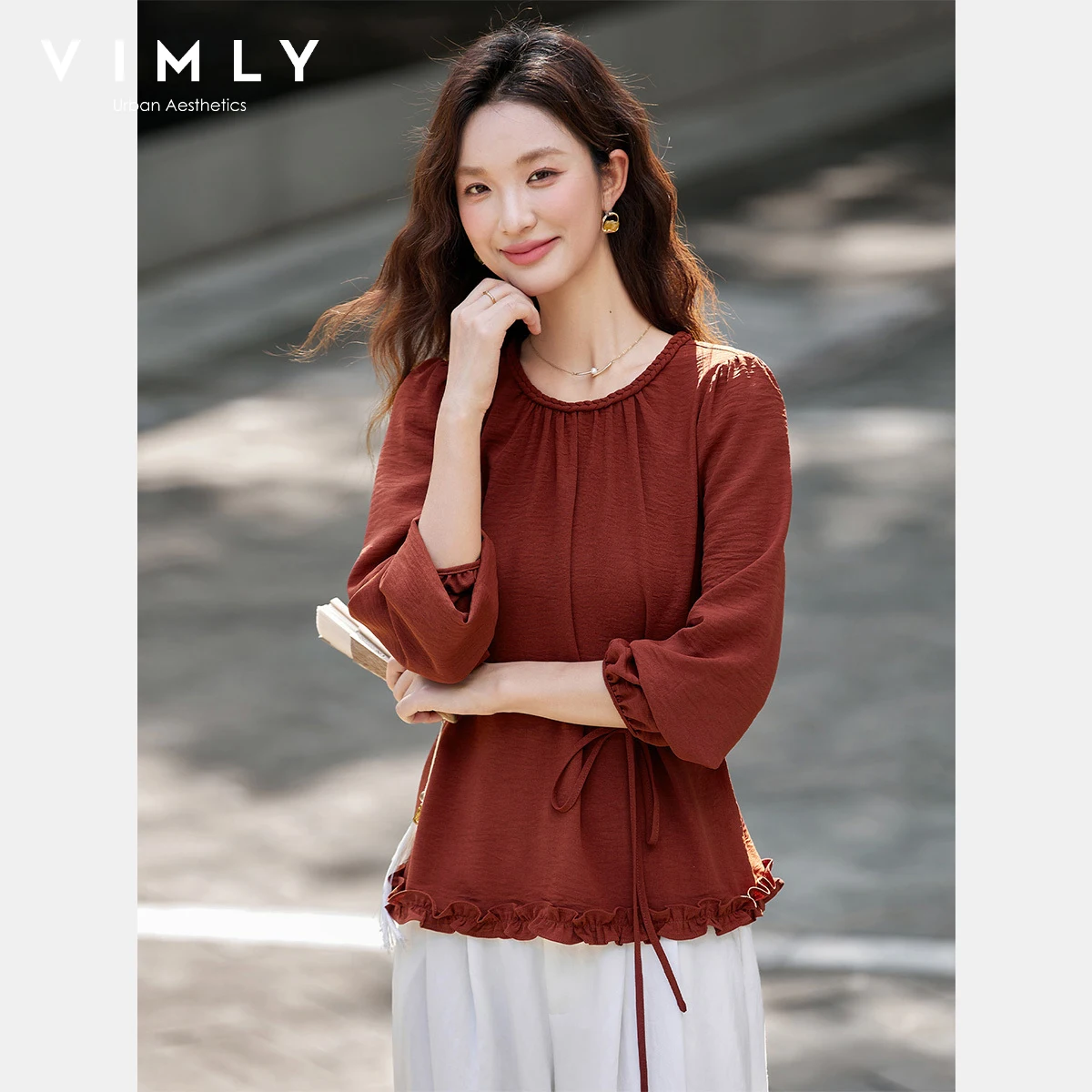 VIMLY Women Ruffles Blouse French Elegant Autumn 2025 Round Neck Lace-up Female Shirts Puff Sleeve Tops Chemisier Femmes A3006