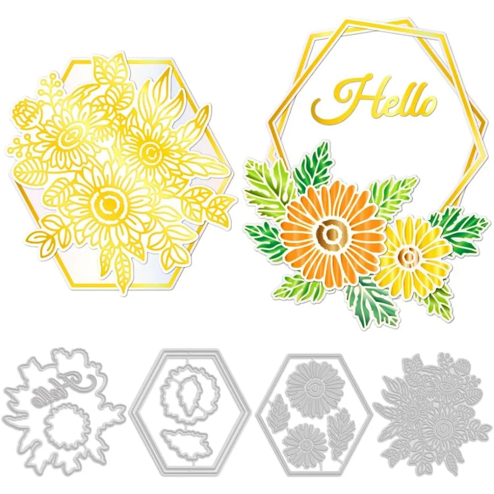 14 Pcs Daisies Frame Hot Foil Plate and Metal Cutting Dies Flower Gilding Plate and Die Cuts Embossing Stencils Set for Paper