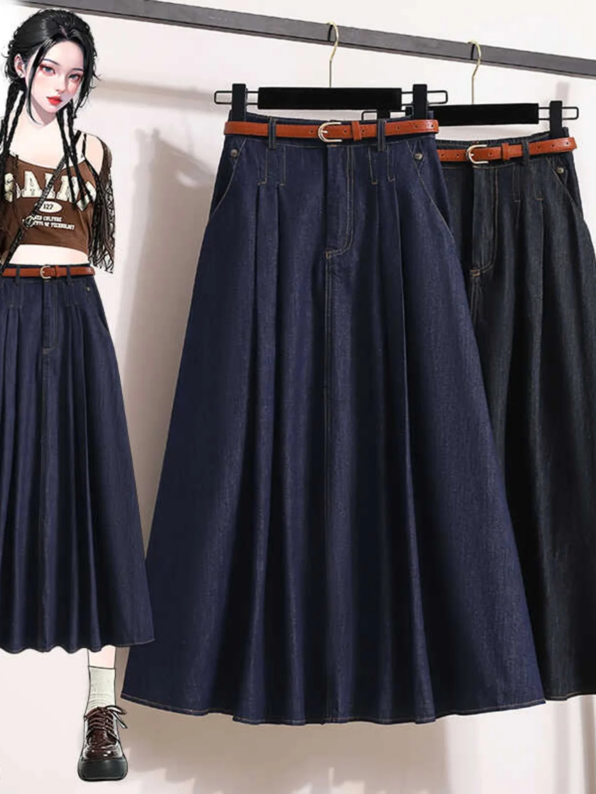 

High Waist A-Line Pleated Umbrella Skirt plus Size Women's Denim Skirt Korean Sle Office Commute Autumn New Arr...