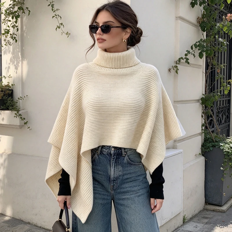 Women's Sweater Winter New Loose Irregular Turtleneck Knitted Pullovers Fashion Casual Warm Office Lady Shawl Scarf Knitwear Top