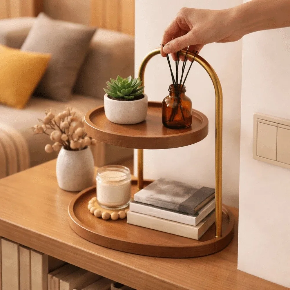 Bandeja de Almacenamiento de Madera de Doble Capa, Organizador de Joyas Decorativo Retro, Porta Joyas, Bandeja para Llaves, Expositor de Joyas