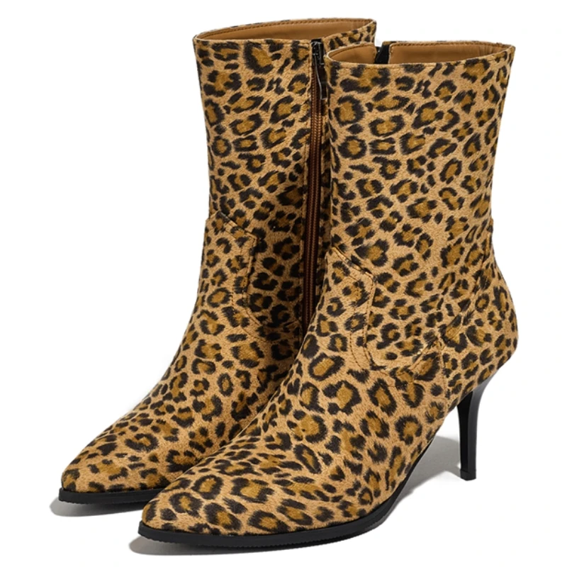 

Sexy Women's Ankle Boots Flock Brown Leopard Black Short Dance Boot Autumn Spring High Heels Short Shoes 2026 New Point toe