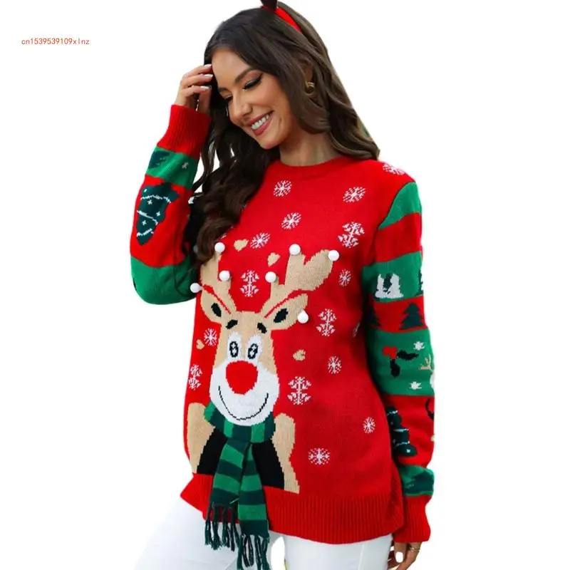 

Womens Lady Knit Pullover Christmas Sweater Long Sleeve Round Neck Knitted Tops