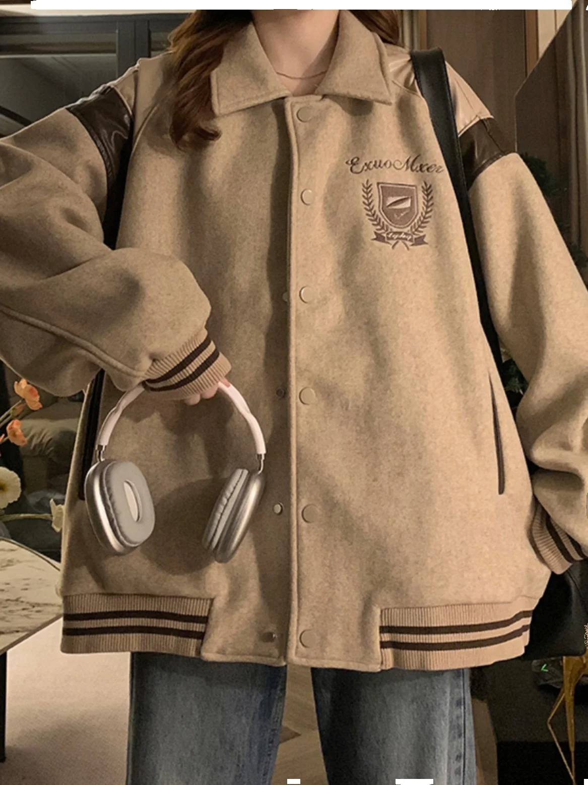 Women's Nylon Plaid Safari Baseball Jacket back design detail with trekking-inspired pocket configuration