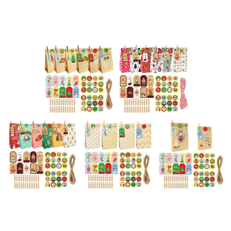 24-delige kerstcadeauzakjesset Kerstfeesttraktatiezakjes Snoepzakjesset inclusief stickerlabels, cadeauverpakkingslabels en