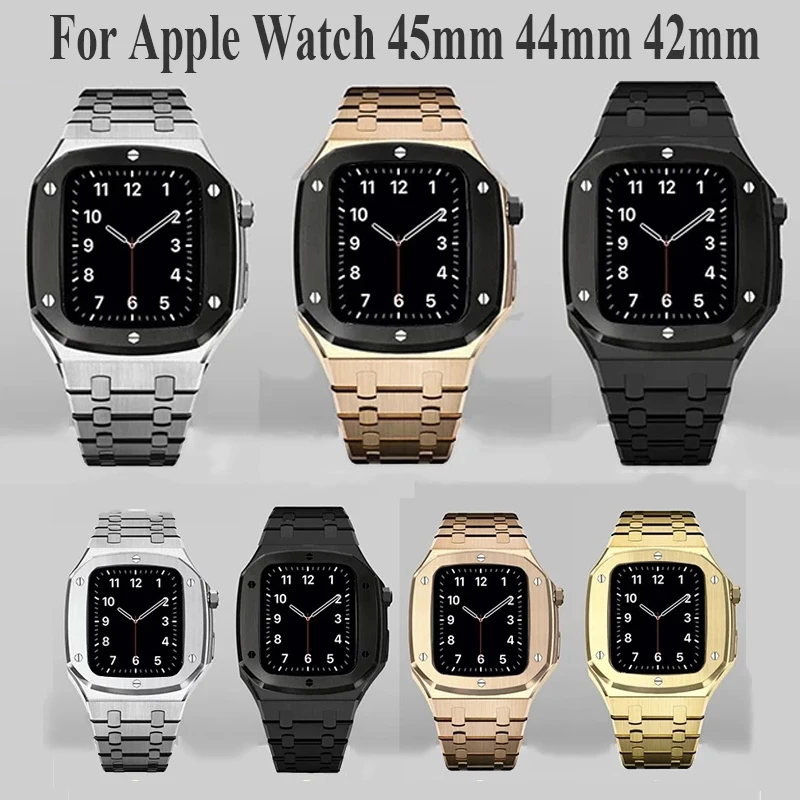 Luxury Stainless Steel Strap Case For Apple Watch 45mm 44mm 42mm For iWatch Series 8 7 6 5 4 Rubber Band Metal Modification Kit