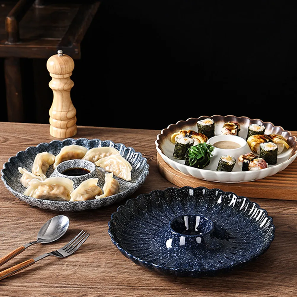 Japanese Food Plate Ceramic Sushi Plate Set Round Dumpling Dish Sauce Saucer Microwave Oven Safe Easy Cleaning