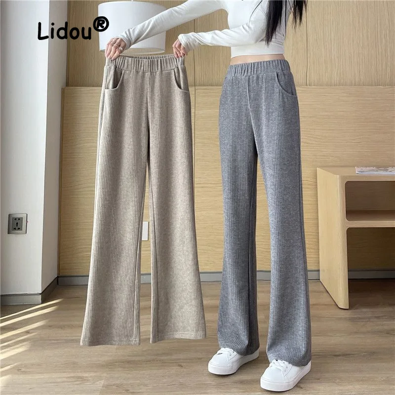 

Plush Boot CutPants Women Autumn Winter 2022 New High Waist Wide Leg Trousers Casual Loose All-match Lady Straight Trousers 2022