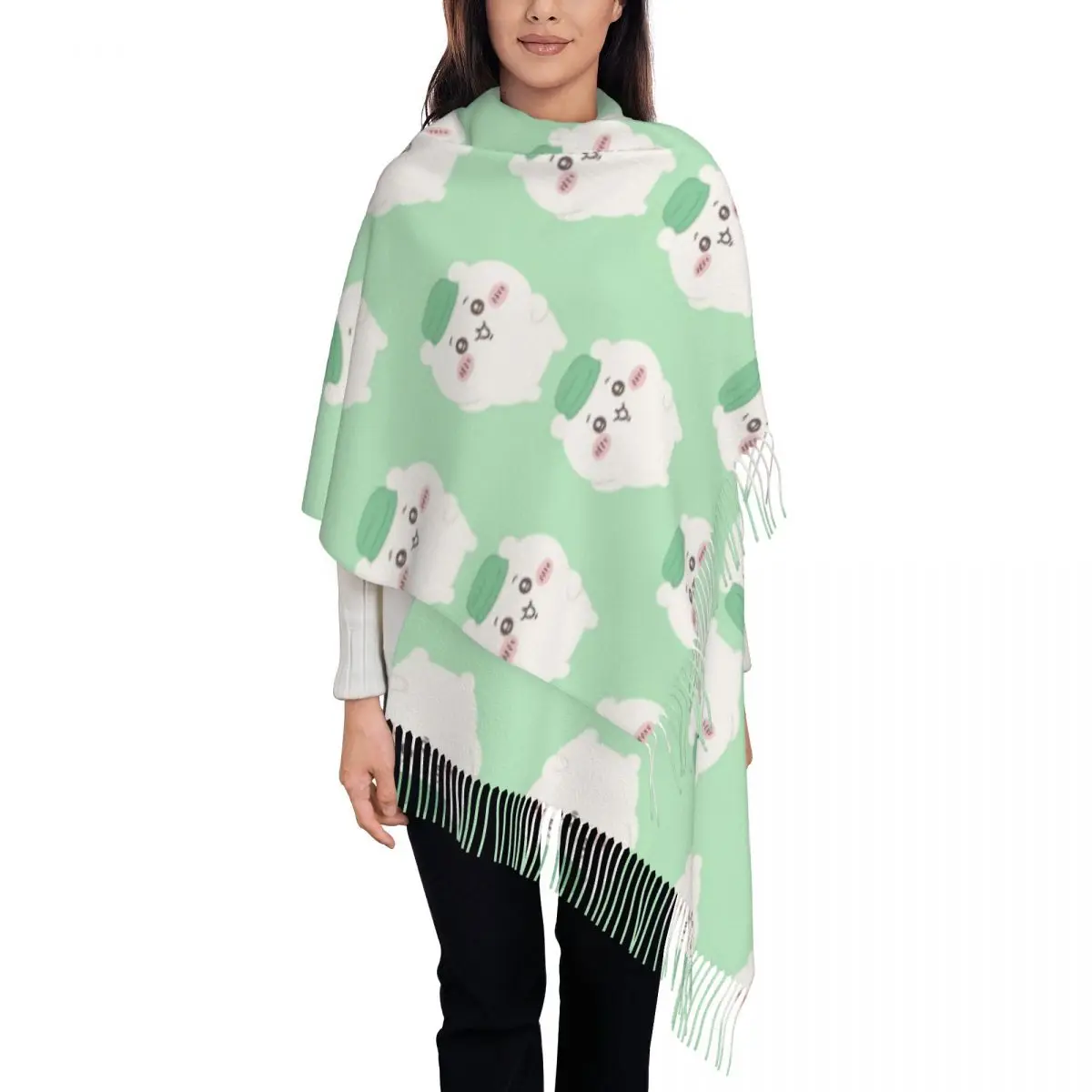 

Custom Chiikawa Cartoon Tassel Scarf Women Soft Shawls Wraps Female Winter Fall Scarves