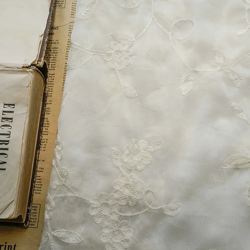 New White Flower Embroidered Chiffon Crepe Fabric For Wedding Dress Shirt Dress Designer Fabric Tulle Fabric By the Meter