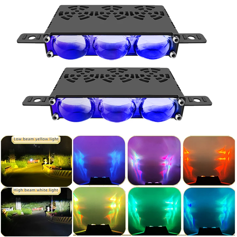 

3-Lens LED Bumper Car Grille Light White/Yellow+RGB DRL, Blue Lens Spotlight Driving Fog Lamps for SUV ATV Motorcycle 12V/24V