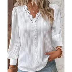 2024 Spring Long Sleeved V-neck Lace Patchwork Shirt For Women Casual Solid Color Pullover Blouse Office Cloting Femme Blusas