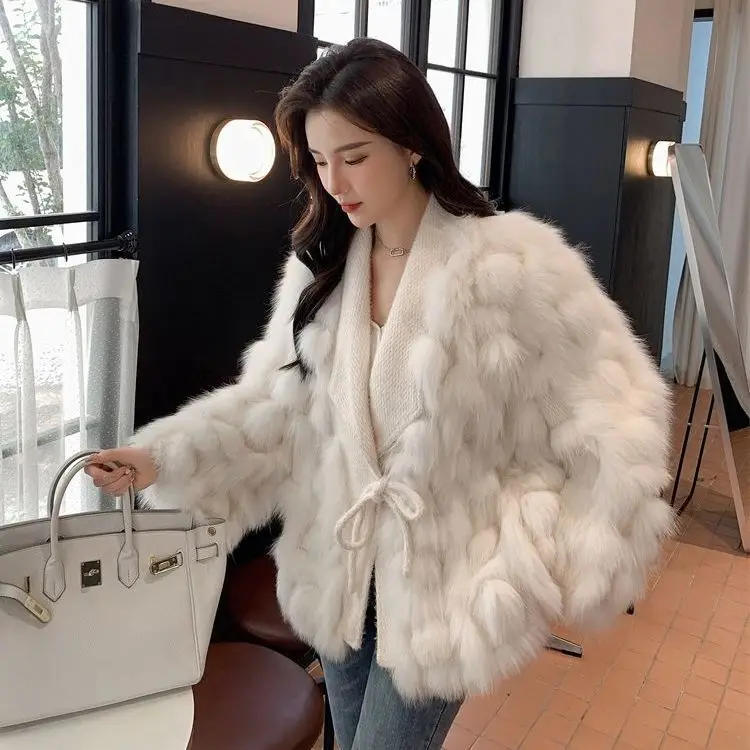 Women Faux Mink Fur 3D Hairballs Coat Winter Turn Down Collar Imitation Fox Fur Bomber Jacket Fluffy Cardigan Lace Up Furry Tops