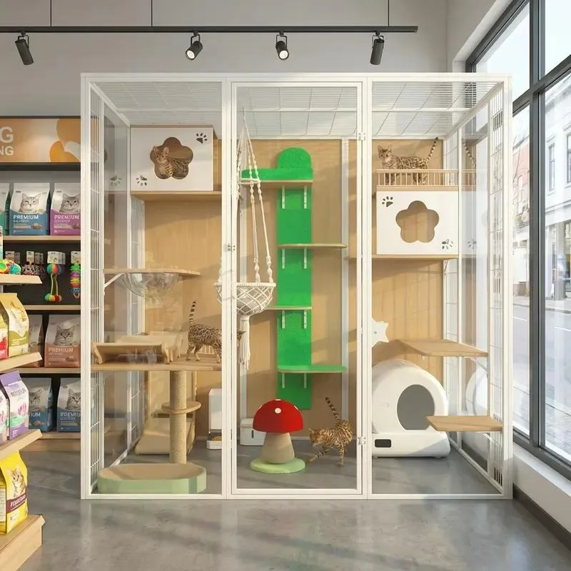 Tempered Glass Cat Villa Cage with Cabinet Nest Aluminum Alloy Pet House Room