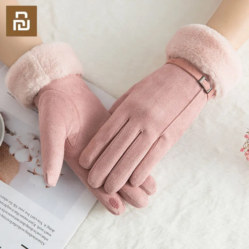 Youpin New Fashion Warm Gloves Ladies Winter Cute Furry Double Layer Plus Velvet Thick Outdoor Riding Gloves Touch Screen Gloves