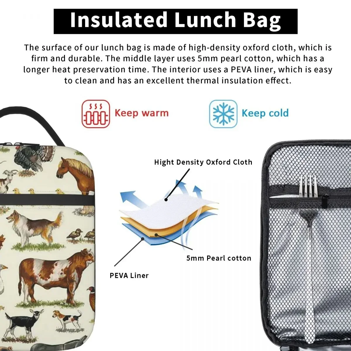 Custom Bag Custom Country Farm Animals Farmhouse Village Pet Insulated Lunch Bag For Women Portable Food Boxes Thermal Lunch Box