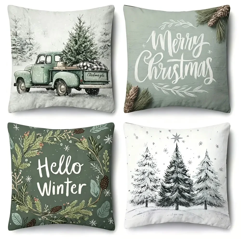 Runt 4pcs 45x45cm Linen Christmas Pillow Covers, Christmas Sofa Decorations, Xmas Gifts, Happy New Year 2027