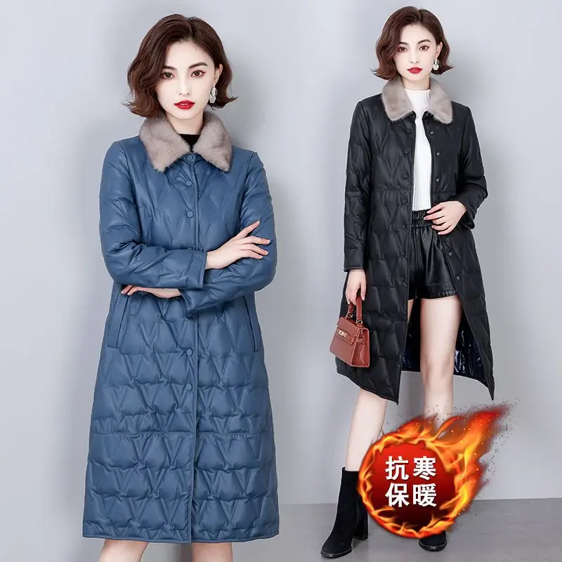 Fashionable temperament commuting long style slim down leather jacket women's winter new lapel fur collar warm down jacket