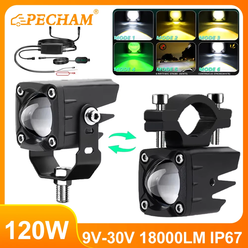 

9V-30V Motorcycle LED Headlight 120W 18000LM Tricolor 6 Modes Spotlight 6000/3000K Motorcycle Trucks SUV UTV Universal Fog Light