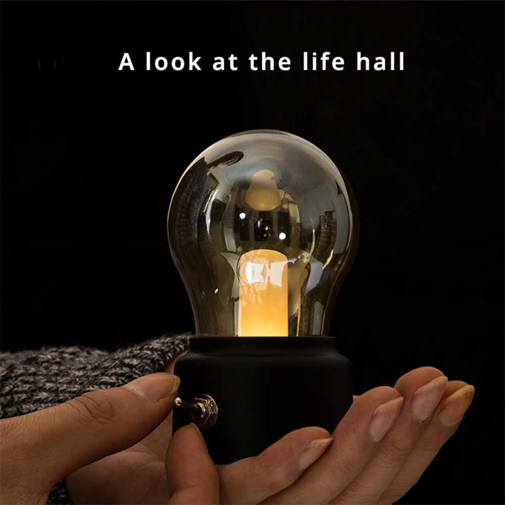 

Flame Tip LED Night Light Bulb Rechargeable Vintage Retro Cordless Table Lamp with Glass Lampshade for Bedroom Home Decoration
