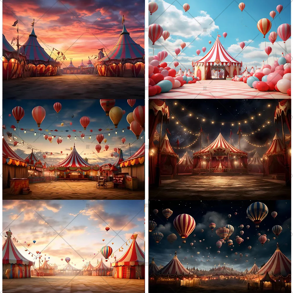 

Retro Circus Theme Photography Red Striped Tent Balloons Neon Lights Baby Shower Birthday Party Background Vinyl Decor Prop