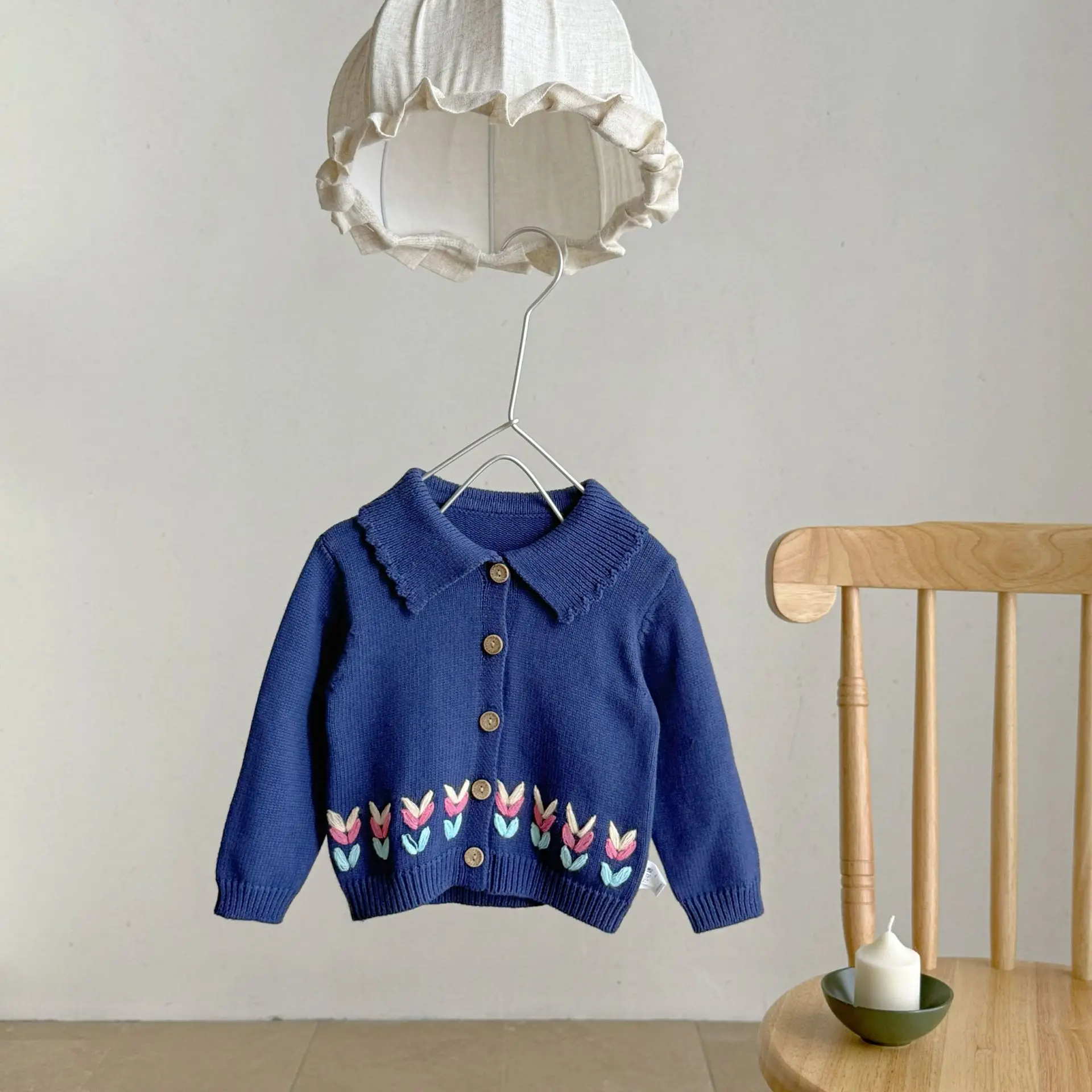 Autumn and winter cotton knit cardigan for baby girls, hand embroidered lapel sweater jacket