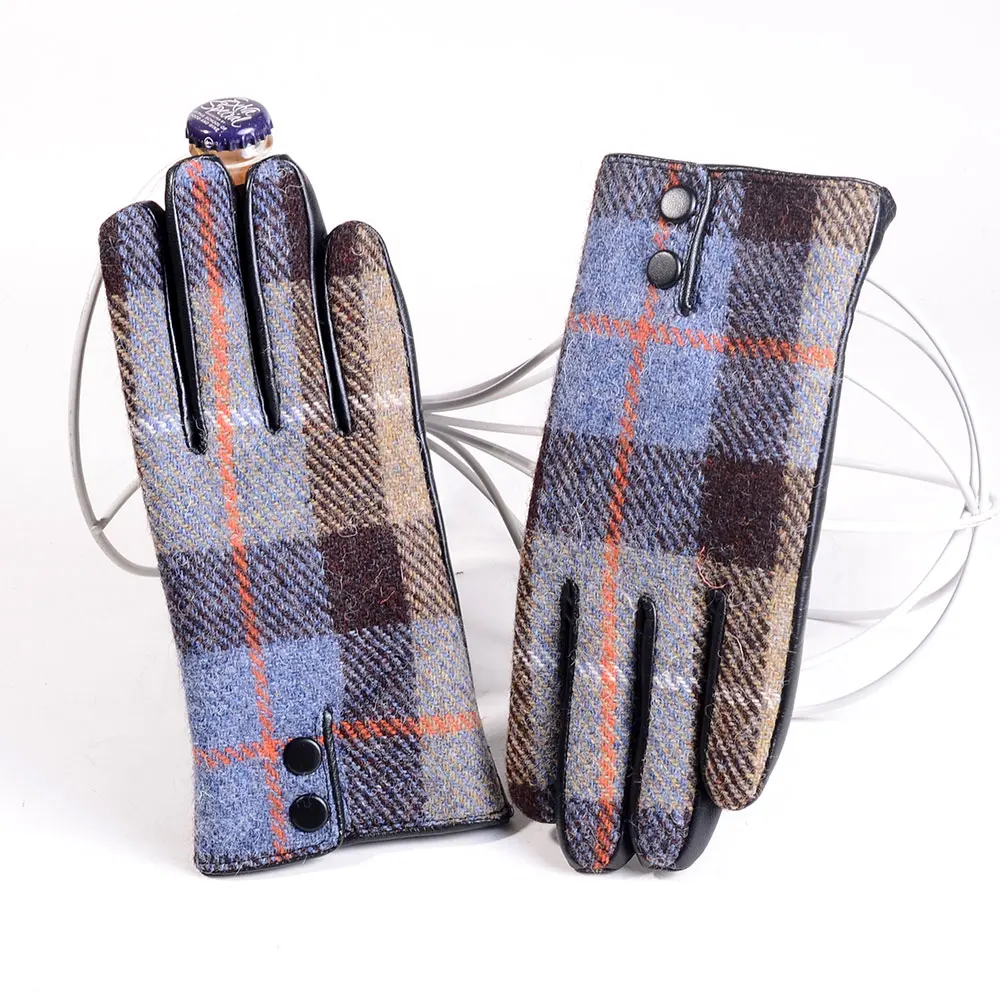 New Men's Male Wool Tweed & Leather Winter Warm Thicker Lining fashion Touch Screen Driving Short Gloves