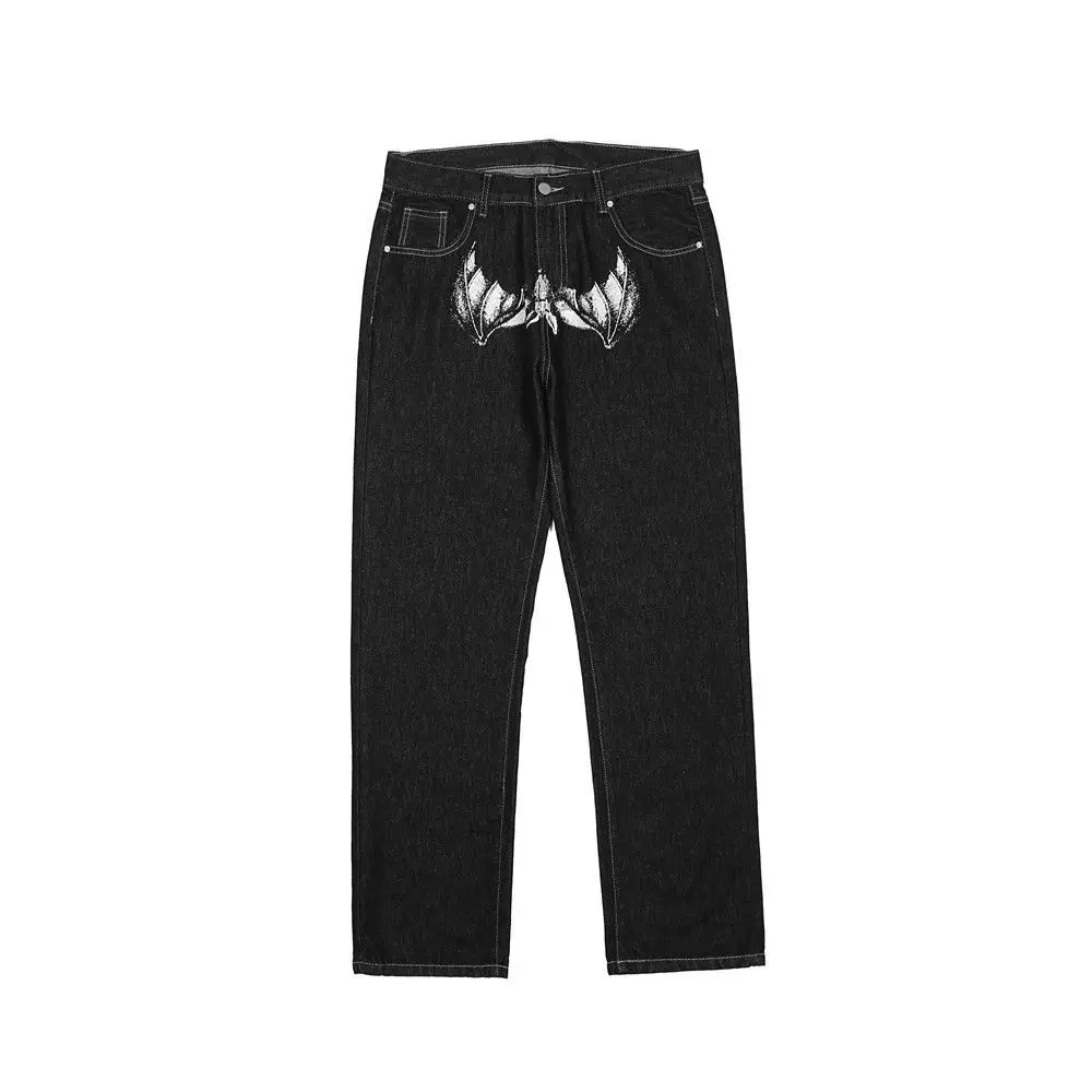 Y2k Pants Dark Bat Print Jeans donna High Street Vintage Streetwear Face Print Jeans a vita alta Jeans donna dritti larghi