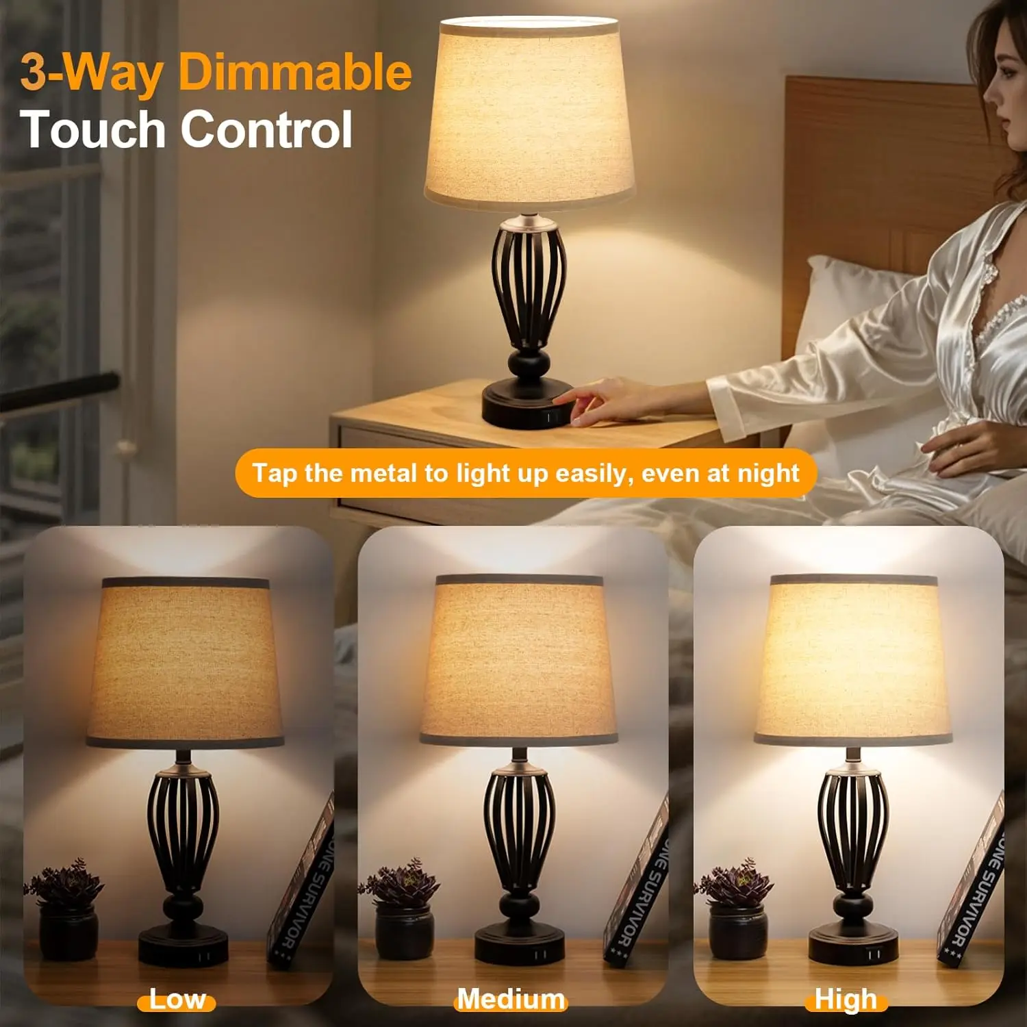 Lámpara de noche USB, lámpara de mesa táctil regulable de 3 vías con puertos USB C+A, lámpara de lectura LED con base de metal negro para dormitorio, sala de estar