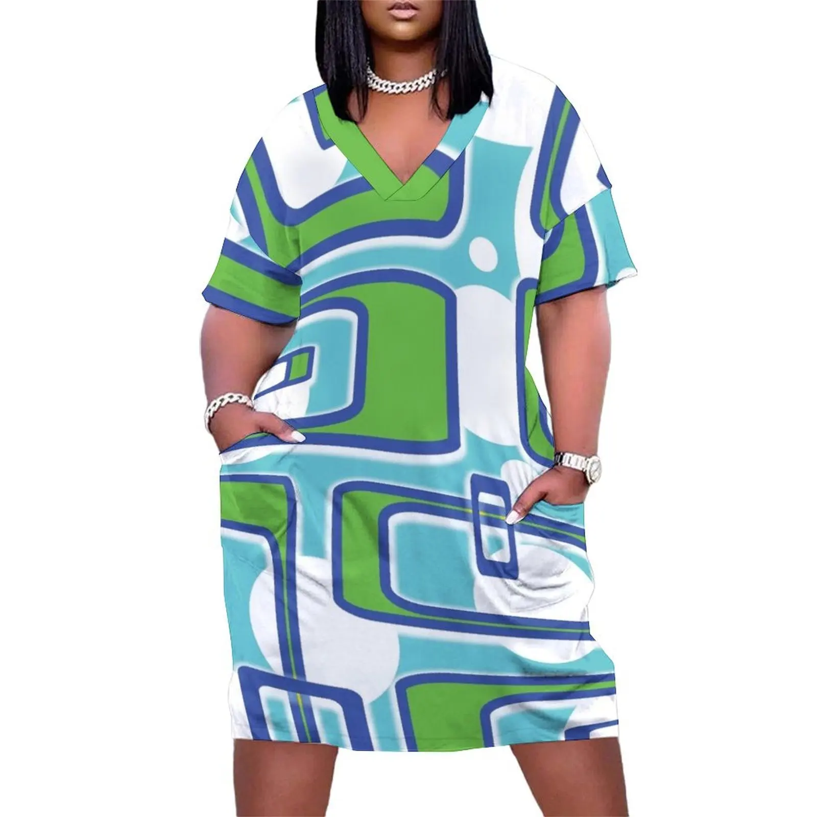 

Geometric Shapes in Blue and Green Print Loose Pocket Dress Casual dresses Dresses loose summer dress Dress for girls