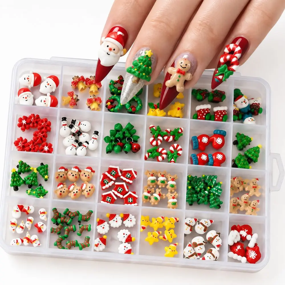 Christmas Assorted Nail Art Charms 24 Grid Kit Mixed Resin Santa Reindeer Snowman Candy Sock Ornaments For Festival Nail Decor